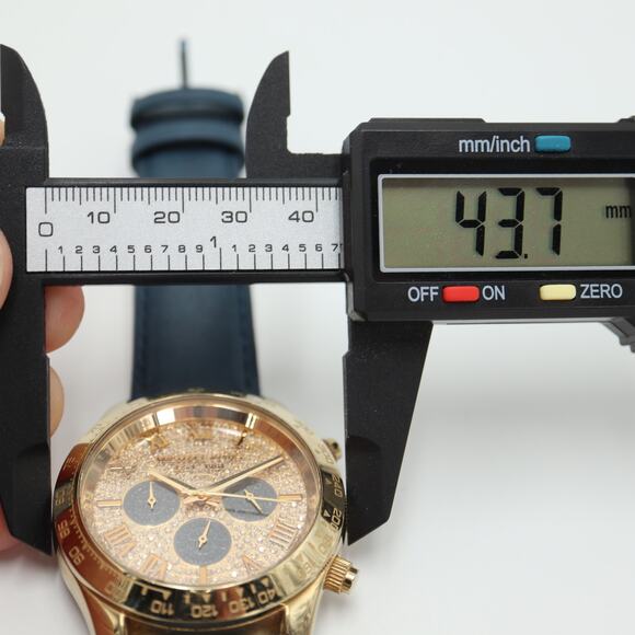 Michael Kors Layton Glitz Gold Black Chronograph 44mm Watch Blue Leather Strap - Picture 2 of 15